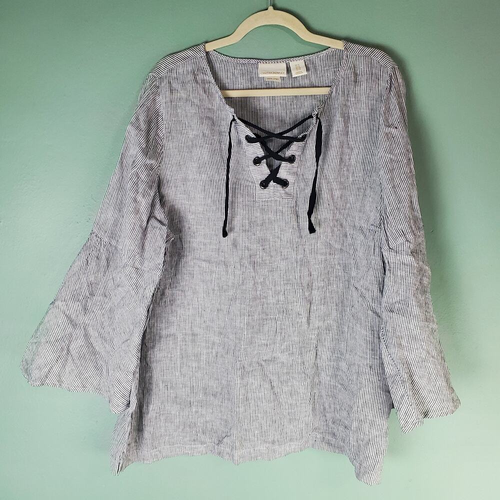 Cynthia Rowley Womens Black Pinstripe Lace Up Linen Flare Sleeve Blouse Size 1X